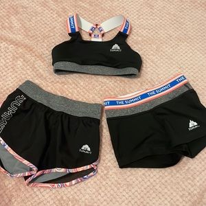 The Summit Varsity Sports Bra, Dry fit shorts and Spandex
